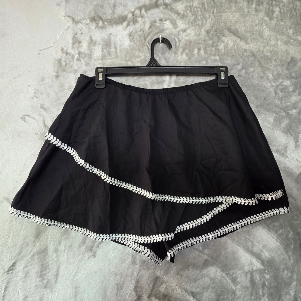 SHEIN Black Embroidered Wrap Front Skort Shorts XL Cotton Boho Leaf Trim